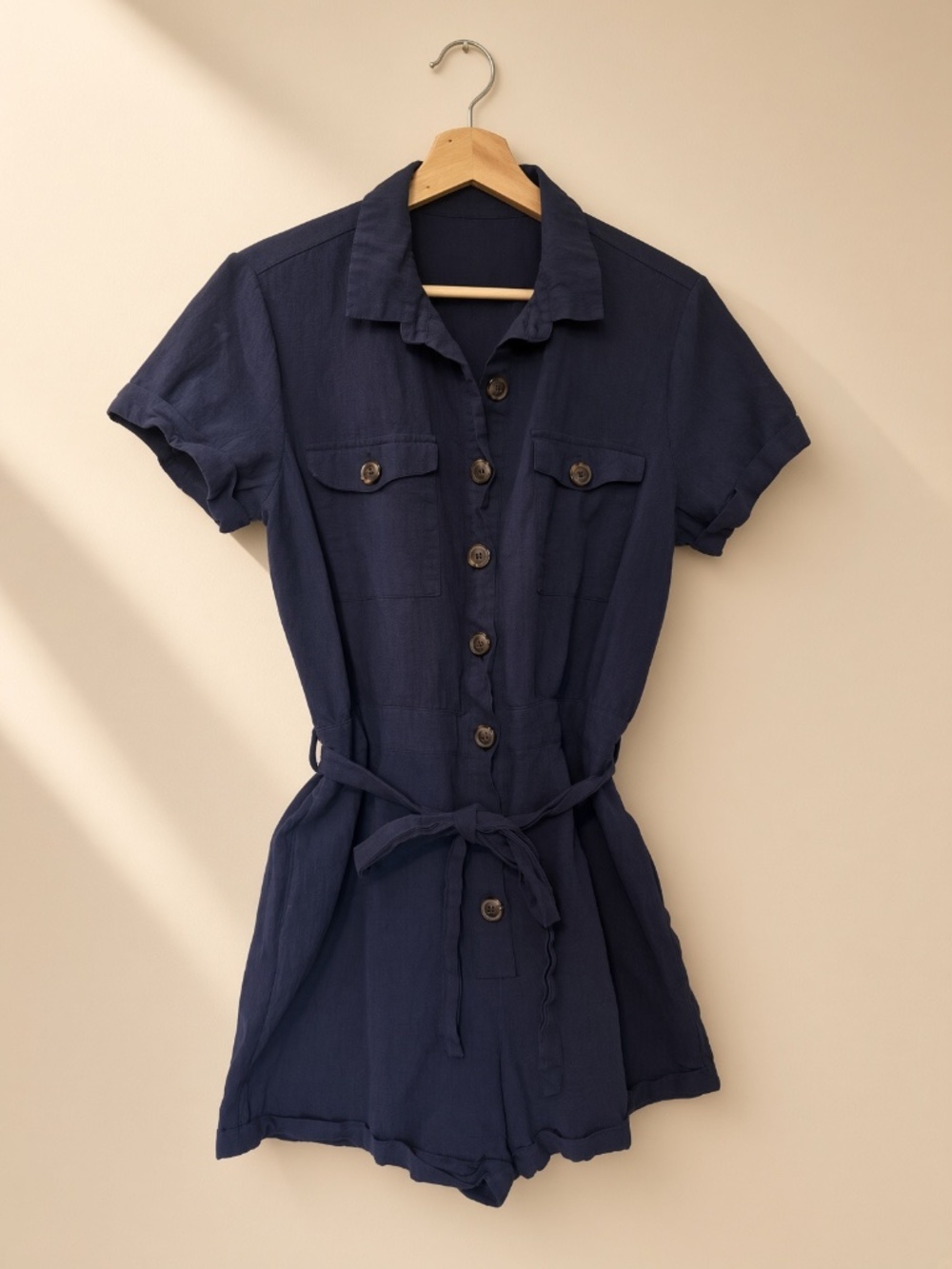 Navy button-front romper